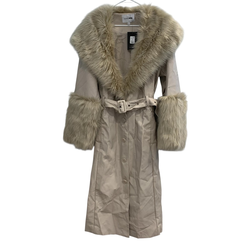Fashion Nova Nights In Paris Faux Fur Belted Overcoat Coat Taupe Plus 1X NWT